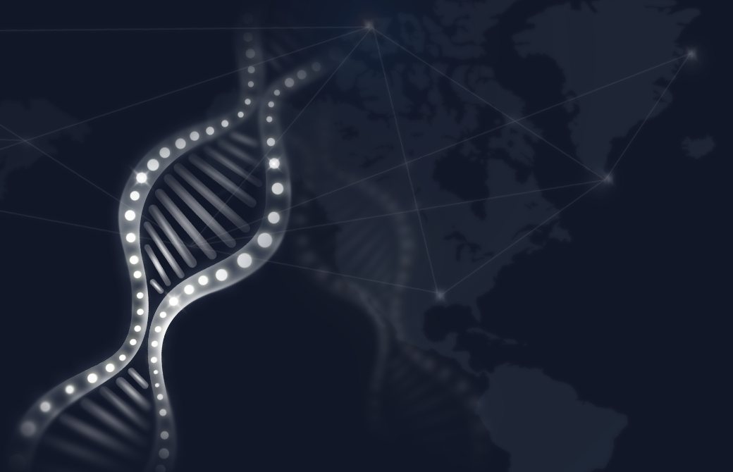세계지도 바탕의 빛나는 DNA 나선 3D 그림