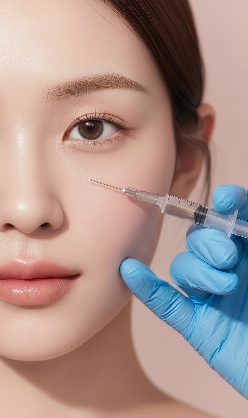 파란 장갑 낀 손이 볼에 필러 주사를 놓는 모델 얼굴 클로즈업