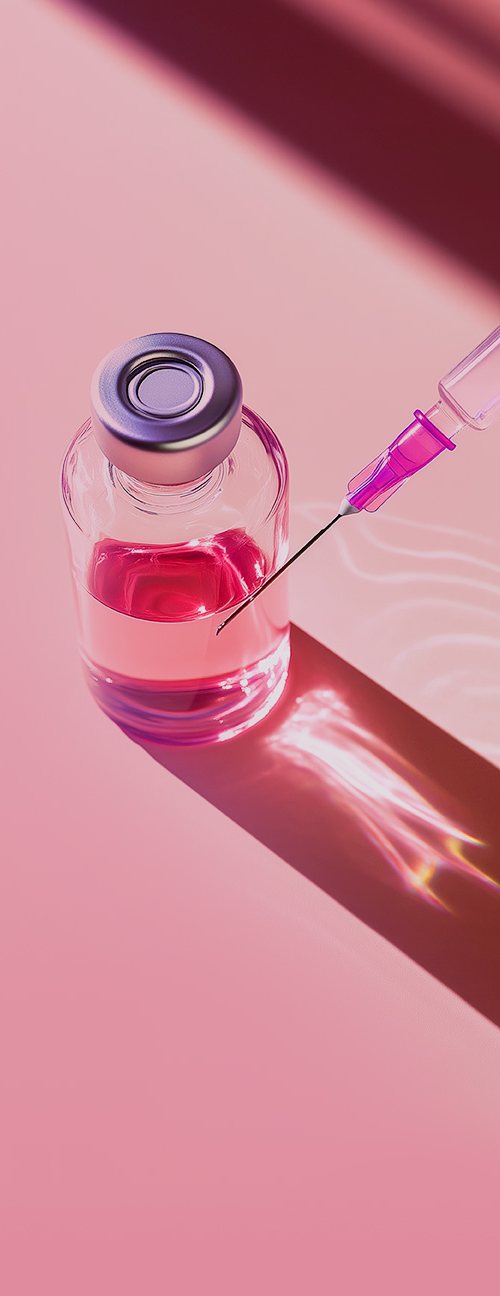 분홍 액체가 든 약병과 주사기 정물(분홍 바탕, 빛 그림자)